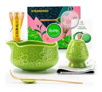 TEANAGOO Set di 7 fruste per tè Matcha verde con design a fiori di ciliegio, kit completo per cerimonia, ciotola Chawan in ceramica con beccuccio, frusta e accessori, set da tè matcha tradizionale per