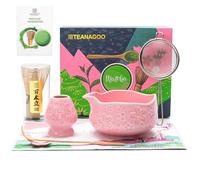 TEANAGOO Set di 7 fruste rosa Matcha con design a fiori di ciliegio, kit completo per cerimonia, ciotola Chawan in ceramica con beccuccio, frusta e accessori, set da tè matcha tradizionale per latte