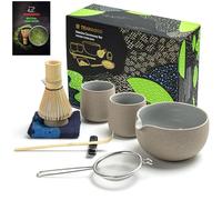 Teanagoo Set di frusta per Matcha Ciotola per Matcha con beccuccio in bambù Kit per la produzione di tè con frusta a Matcha. 1 teeservies giapponese (7st) + 2 kopjes (7,2oz), S2, donkergrijs.
