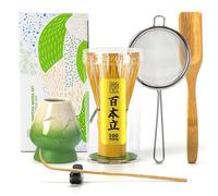 TEANAGOO Set di fruste Matcha (100 rebbi) con supporto verde, set tradizionale da 6 pezzi, paletta (chashaku), cucchiaino da tè, chasen in bambù per fare latte, accessorio per cerimonie, regalo per