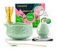 TEANAGOO Set di fruste Matcha, 7 pezzi, blu verde, kit per cerimonia matcha, set da tè matcha per fare latte, ciotola in ceramica (chawan) con beccuccio e frusta, regalo per gli amanti del matcha