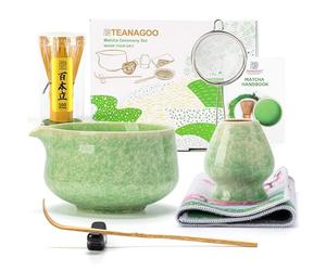 TEANAGOO Set di fruste Matcha, 7 pezzi, verde, kit per cerimonia matcha, set da tè matcha per fare latte, ciotola in ceramica (chawan) con beccuccio e frusta, regalo per gli amanti del matcha