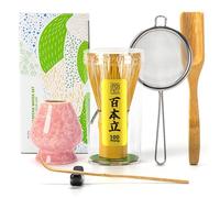 TEANAGOO Set di fruste Matcha, frusta Matcha (100 rebbi) con supporto rosa, set tradizionale da 6 pezzi, paletta (chashaku), cucchiaino da tè, chasen in bambù per fare latte, accessorio per cerimonie
