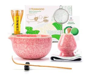 TEANAGOO Set di fruste Matcha, set da 7 pezzi, rosa, kit per cerimonia matcha, set da tè matcha per fare latte, ciotola in ceramica (chawan) con beccuccio e frusta, regalo per gli amanti del matcha