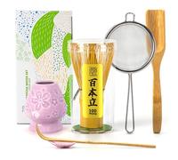 TEANAGOO Set di fruste Matcha, set tradizionale da 6 pezzi, frusta da 100 rebbi con supporto per fiori di ciliegio viola, paletta (chashaku), cucchiaino da tè, chasen in bambù, accessorio per