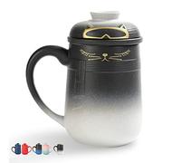 TEANAGOO Tazza da tè in ceramica per gatti con coperchio, 460 ML, sfumatura da nero a bianco, gatti e tè, grande set di tazze in ceramica giapponese, tazza da tè con coperchio,