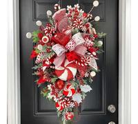 Teardrop Candy Cane Wreath for Front Door, Festive Candy Cane Wreath in 20 Inch Teardrop Shape with Bow | Rustic Holiday Swag for Front Door, Porch, Window, Mantel, Entrance, Indoor Outdoor Décor