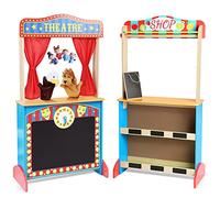 Teatro di marionette in legno deluxe con tende, lavagna e orologio, Play Store su due lati 3-8 anni e teatro di burattini per bambini con 2 burattini e 4 burattini per bambini 1-3