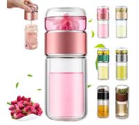 Teava Tryteava, infusore intelligente 3 in 1, infusore per tè in vetro, portatile a doppia parete, separatore per tè e acqua, con colino, leggero, a prova di perdite, colore rosa, 550 ml
