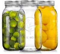 Tebery Confezione da 3 barattoli per muratori a bocca larga, 600 ml, con coperchi ermetici e fascia, 1/2 gallone di vetro trasparente per conservare, fermentare, decapare, conservare