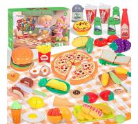 TEBOKHAD Giocattolo Da Taglio per Cucina per Bambini, 52 Pezzi Accessori Cucina Bambini Set Con Rutta Da Tagliare E Verdura Giocattolo, Pizza, Cibo Finto, Giochi Montessori, Regalo per 3 Anni