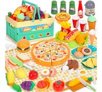TEBOKHAD Giocattolo Da Taglio per Cucina per Bambini, 52 Pezzi Accessori Cucina Bambini Set Con Rutta Da Tagliare E Verdura Giocattolo, Pizza, Cibo Finto, Giochi Montessori, Regalo per 3 Anni