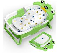 TEBOKHAD Vaschetta Bagnetto Neonato Pieghevole, Bagnetto Neonato Con Cuscino Da Bagnom, Vasca Neonato Bagnetto Con Termometro E Foro Di Scarico, Regalo per La Nascita Bambino(Verde B)
