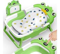 TEBOKHAD Vaschetta Bagnetto Neonato Pieghevole, Bagnetto Neonato Con Cuscino Da Bagnom, Vasca Neonato Bagnetto Con Termometro E Foro Di Scarico, Regalo per La Nascita Bambino(Verde B)