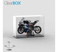 Teca ClearBox per set LEGO 42130 BMW M 1000 RR su supporto con targhetta