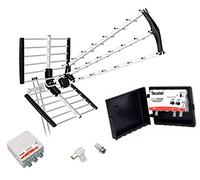 TECATEL - Kit antenna TV 18 dB 5 G colore nero + amplificatore 40 dB 2 UHF + alimentatore 2 uscite + connessioni