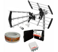TECATEL - Kit antenna TV + amplificatore 30 dB + alimentatore 2 uscite + connessioni + cavo TV da 20 m