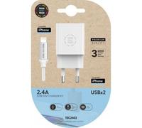 TECH ONE TECH TEC2402 Caricabatterie da muro bianco 2xUSB 2.4A con cavo Lightning in nylon da 1 m