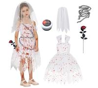 TECHEEL Costume da zombie da ragazza horror zombie da sposa per bambini, costume di Halloween, costume da zombie horror da sposa, bianco per Halloween, feste di carnevale e cosplay