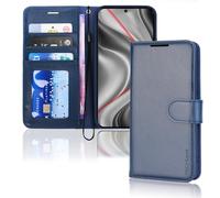 TECHGEAR Custodia a portafoglio in pelle per Galaxy S24 Plus, custodia protettiva a libro con porta carte di credito, supporto e cinturino da polso - pelle PU blu navy con chiusura magnetica progettat