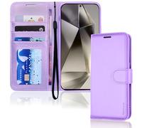 TECHGEAR Custodia a portafoglio in pelle per Galaxy S24 Ultra, custodia protettiva con porta carte di credito, supporto e cinturino da polso, in pelle PU viola con chiusura magnetica, progettata per