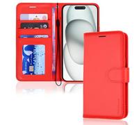 TECHGEAR Custodia a portafoglio in pelle per iPhone 15 Plus, custodia protettiva con porta carte di credito, supporto e cinturino da polso, in pelle PU rossa con chiusura magnetica, progettata per