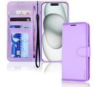 TECHGEAR Custodia a portafoglio in pelle per iPhone 15 Plus, custodia protettiva con porta carte di credito, supporto e cinturino da polso, in pelle PU viola con chiusura magnetica, progettata per