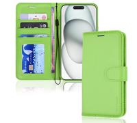 TECHGEAR Custodia a portafoglio in pelle per iPhone 15 Plus, custodia protettiva con porta carte di credito, supporto e cinturino da polso, in pelle PU verde con chiusura magnetica, progettata per