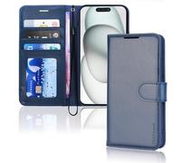 TECHGEAR Custodia a portafoglio in pelle per iPhone 15 Plus, custodia protettiva con porta carte di credito, supporto e cinturino da polso, in pelle PU blu con chiusura magnetica, progettata per