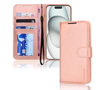 TECHGEAR Custodia a portafoglio in pelle per iPhone 15 Plus, custodia protettiva con porta carte di credito, supporto e cinturino da polso, in pelle PU oro rosa con chiusura magnetica, progettata per