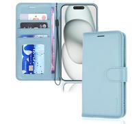 TECHGEAR Custodia a portafoglio in pelle per iPhone 15 Plus, custodia protettiva con porta carte, supporto e cinturino da polso, custodia in pelle PU blu chiaro con chiusura magnetica progettata per