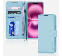 TECHGEAR Custodia a portafoglio in pelle per iPhone 16, custodia protettiva a portafoglio con blocco RFID, porta carte, supporto e cinturino da polso, in pelle PU blu chiaro con chiusura magnetica per