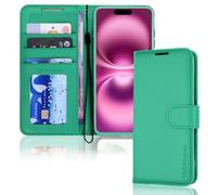 TECHGEAR Custodia a portafoglio in pelle per iPhone 16, custodia protettiva a portafoglio con blocco RFID, porta carte, supporto e cinturino da polso, in pelle PU verde con chiusura magnetica per