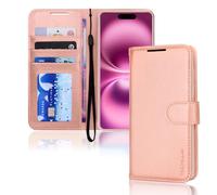 TECHGEAR Custodia a portafoglio in pelle per iPhone 16, custodia protettiva a portafoglio con blocco RFID, porta carte, supporto e cinturino da polso, in pelle PU oro rosa con chiusura magnetica per