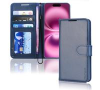 TECHGEAR Custodia a portafoglio in pelle per iPhone 16, custodia protettiva a portafoglio con blocco RFID, porta carte, supporto e cinturino da polso, in pelle PU blu con chiusura magnetica per iPhone