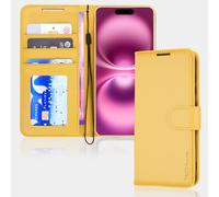 TECHGEAR Custodia a portafoglio in pelle per iPhone 16, custodia protettiva a portafoglio con blocco RFID, porta carte, supporto e cinturino da polso, in pelle PU gialla con chiusura magnetica per