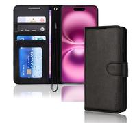 TECHGEAR Custodia a portafoglio in pelle per iPhone 16, custodia protettiva a portafoglio con blocco RFID, porta carte, supporto e cinturino da polso, in pelle PU nera con chiusura magnetica per