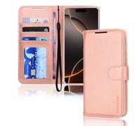 TECHGEAR Custodia a portafoglio in pelle per iPhone 16 Pro Max, con blocco RFID, porta carte, supporto e cinturino da polso, pelle PU oro rosa con chiusura magnetica per iPhone 16 Pro Max da 6,9