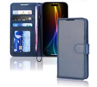 TECHGEAR Custodia a portafoglio in pelle per iPhone 17 con blocco RFID, custodia a libro con porta carte e contanti, cavalletto, cinturino da polso, chiusura magnetica, in pelle PU blu per iPhone 17