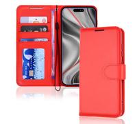 TECHGEAR Custodia a portafoglio in pelle per iPhone 17 Pro con blocco RFID, custodia a libro con porta carte, cavalletto, cinturino da polso, chiusura magnetica, in pelle PU rossa per iPhone 17 Pro da