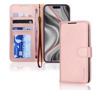 TECHGEAR Custodia a portafoglio in pelle per iPhone 17 Pro con blocco RFID, custodia a libro con porta carte, cavalletto, cinturino da polso, chiusura magnetica, pelle PU rosa per iPhone 17 Pro da 6,3