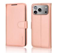 TECHGEAR Custodia a portafoglio in pelle per iPhone 17 Pro Max con blocco RFID, custodia a libro con porta carte, cavalletto, cinturino da polso, chiusura magnetica, pelle PU oro rosa per iPhone 17