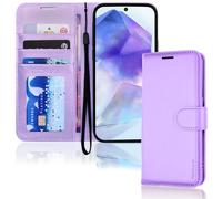 TECHGEAR Custodia a portafoglio in pelle PU per Galaxy A55 5G, con blocco RFID, con porta carte di credito, supporto e cinturino da polso, in pelle PU lilla con chiusura magnetica per Samsung A55 5G
