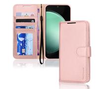 TECHGEAR Custodia a portafoglio in pelle PU per Galaxy S23 FE, custodia protettiva a portafoglio con porta carte, supporto e cinturino da polso, in pelle PU rosa con chiusura magnetica, progettata per