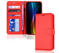TECHGEAR Custodia a portafoglio in pelle sintetica per Galaxy S23 FE, custodia protettiva con porta carte di credito, supporto e cinturino da polso, in pelle PU rossa con chiusura magnetica,