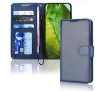 TECHGEAR Pixel 8a - Custodia a portafoglio in pelle PU con chiusura magnetica, blocco RFID, porta carte, supporto e cinturino da polso, in pelle PU blu con chiusura magnetica per Google Pixel 8a