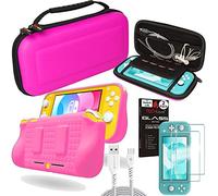 TECHGEAR Switch Lite Accessori - Custodie e Protezione dello schermo per Nintendo Switch Lite, 1x Cover Resistente da Viaggio e 1x Custodia Portatile, 2x Vetro Temperato e Cavo USB 2m [ROSA]