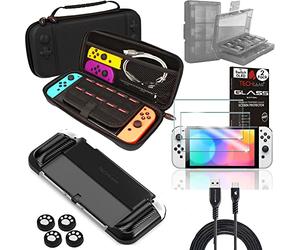 TECHGEAR Switch OLED Accessory Bundle - Case and Screen Protector for Nintendo Switch OLED, Hard Carry Case Cover, Soft Ergo Grip Case, 24 Game Holder, 4x Thumb Grips, 2x Tempered Glass & 2m USB Cable