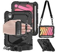 TECHGEAR Utility Custodia Compatibile con iPad Mini 6 2021 Custodia Antiurto Resistente Supporto Integrato Girevole a 360 Gradi, Cinturino a Mano e Tracolla attaccabile - Nero