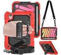 TECHGEAR Utility Custodia Compatibile con iPad Mini 6 2021 Custodia Antiurto Resistente Supporto Integrato Girevole a 360 Gradi, Cinturino a Mano e Tracolla attaccabile - Rosso
